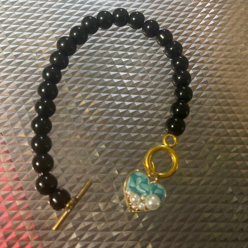 Gold Blue Heart and black Bracelet✨